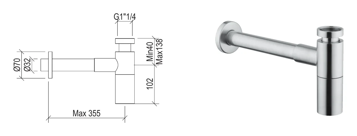 Minimal round siphon G1"1/ 4, luxury model in 304L stainless steel technical drawing with dimensions