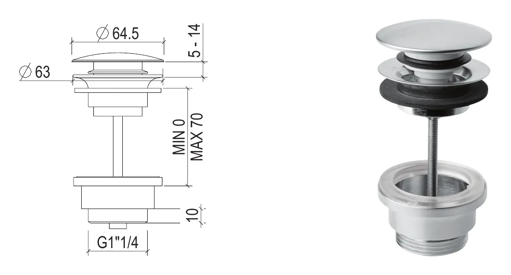 “Click-Clack" washbasin drain G1"1/4, universal model technical drawing with dimensions
