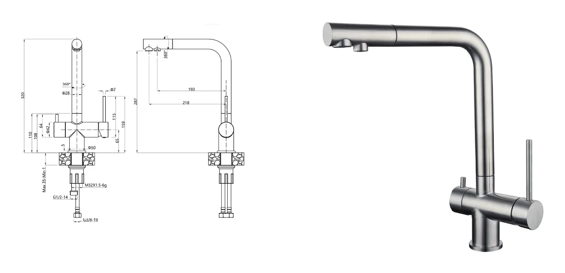 Three-way kitchen sink mixer with straight stainless steel barrel technical drawing with dimensions