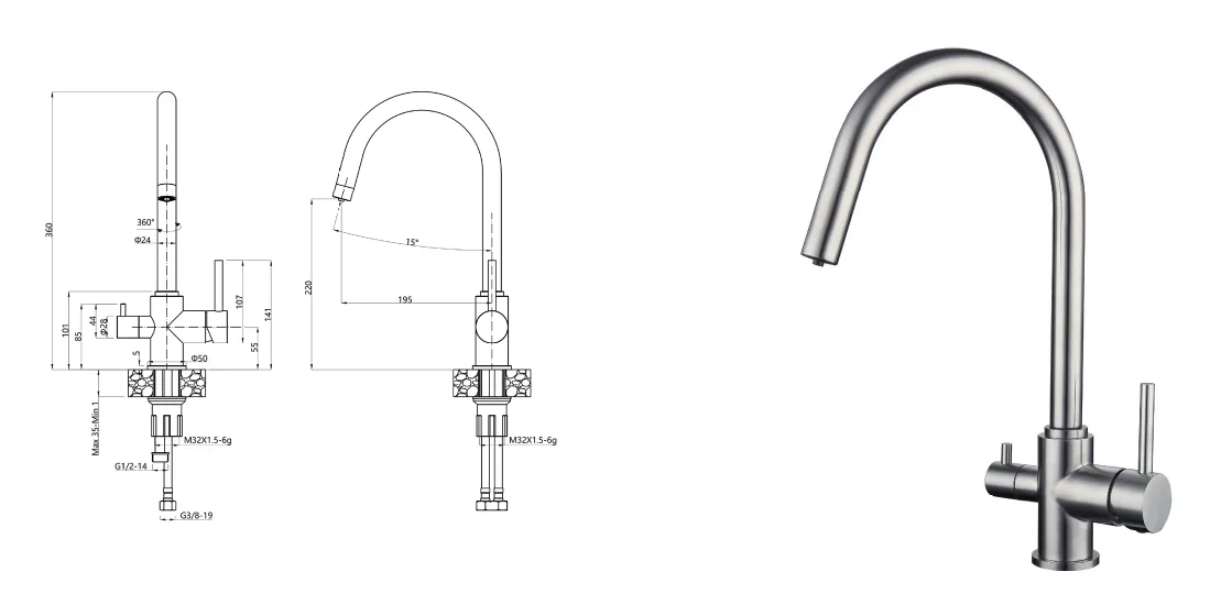 Three-way kitchen sink mixer with round stainless steel barrel technical drawing with dimensions