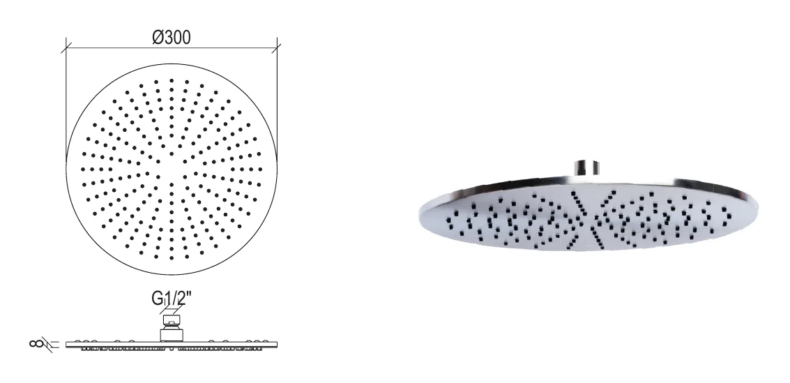 Round shower head, 30 cm diameter in 316L stainless steel technical drawing with dimensions