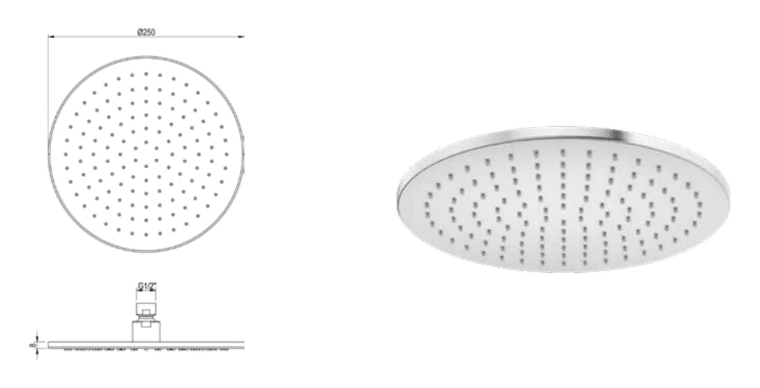 Round shower head, 25 cm diameter, in 316L stainless steel technical drawing with dimensions