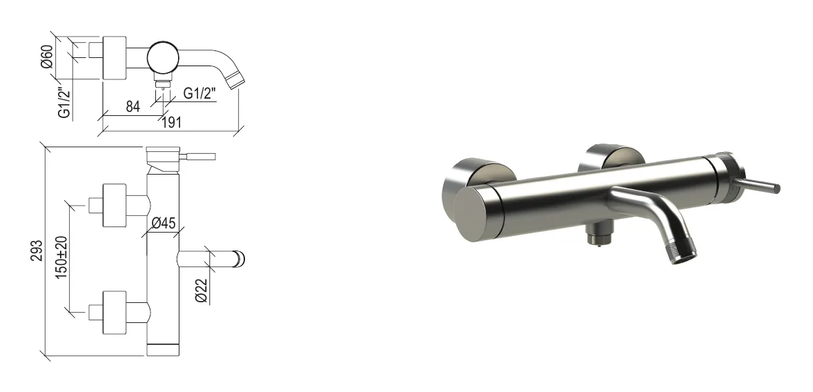Single lever bath mixer in 316L stainless steel technical drawing with dimensions