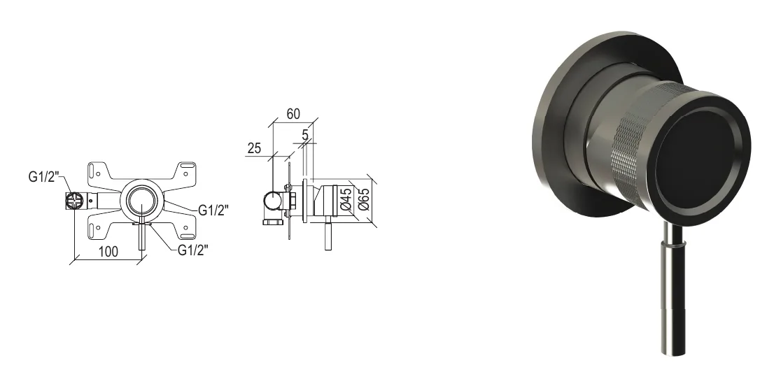Recessed single lever mixer with top outlet technical drawing with dimensions