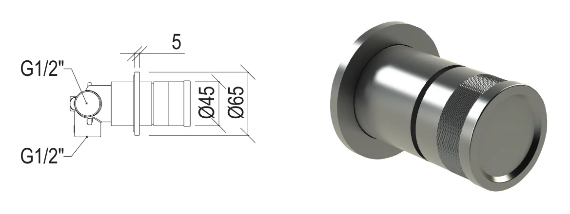 Flush-mounted 2-way rotary diverter with stainless steel 316L stop technical drawing with dimensions
