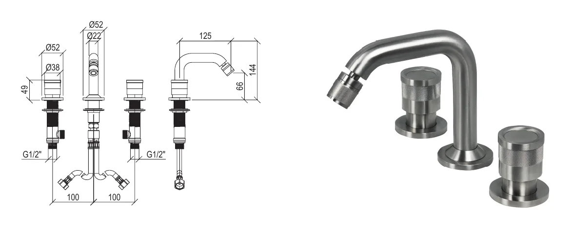 3-hole 316L stainless steel bidet mixer technical drawing with dimensions