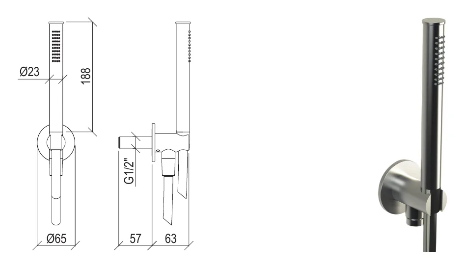 Shower set in 316L stainless steel with flexible hand shower, water inlet with shower holder. technical drawing with dimensions