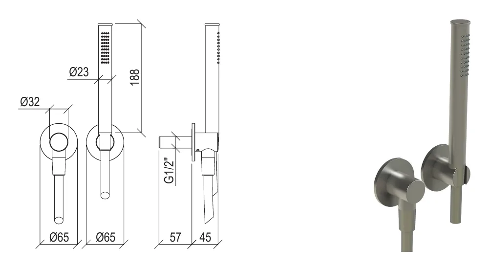 Shower set in 316L stainless steel, with hand shower with long flexible hose, water inlet and shower holder. technical drawing with dimensions