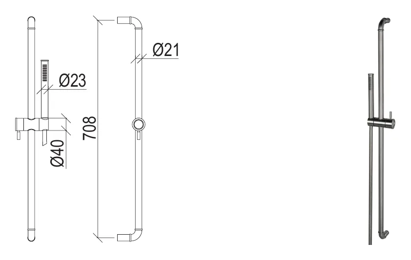 70 cm long sliding rail with 316L stainless steel sliding device technical drawing with dimensions