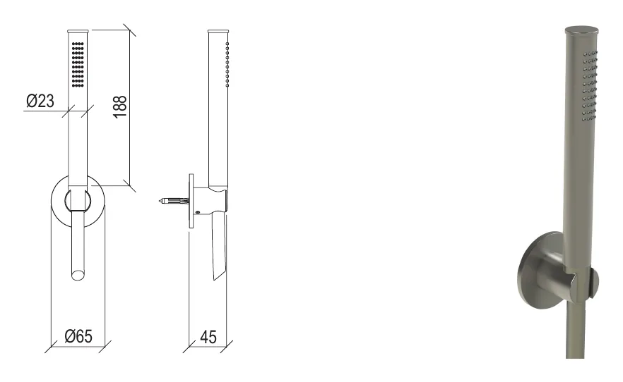Shower set in 316L stainless steel with shower holder. technical drawing with dimensions
