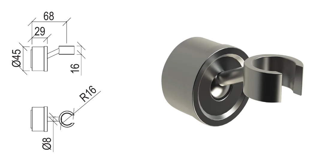 “Duplex" mobile shower bracket in 316L stainless steel technical drawing with dimensions