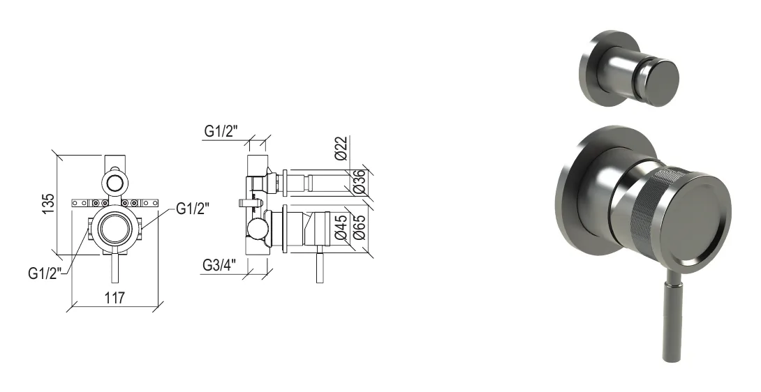 2-way recessed single lever mixer with diverter technical drawing with dimensions