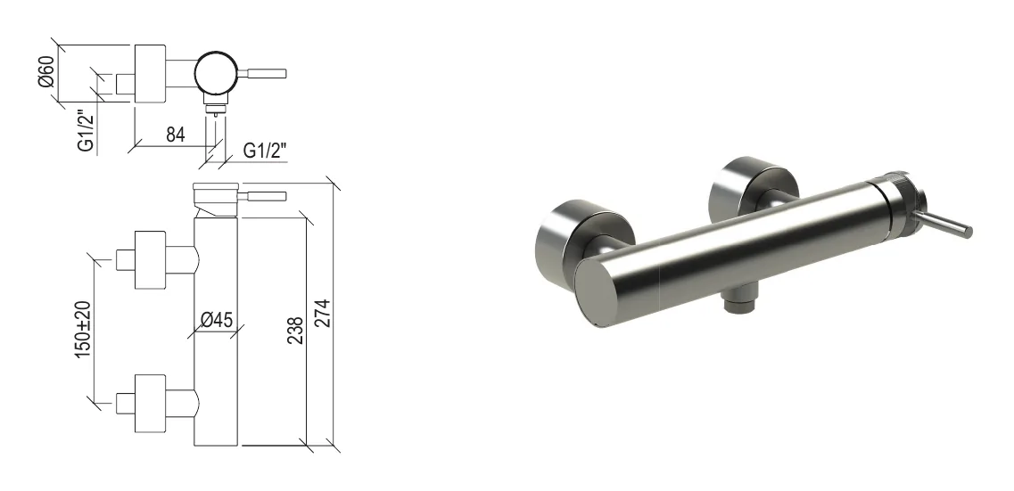 Single lever shower mixer for exposed fitting in 316L stainless steel technical drawing with dimensions