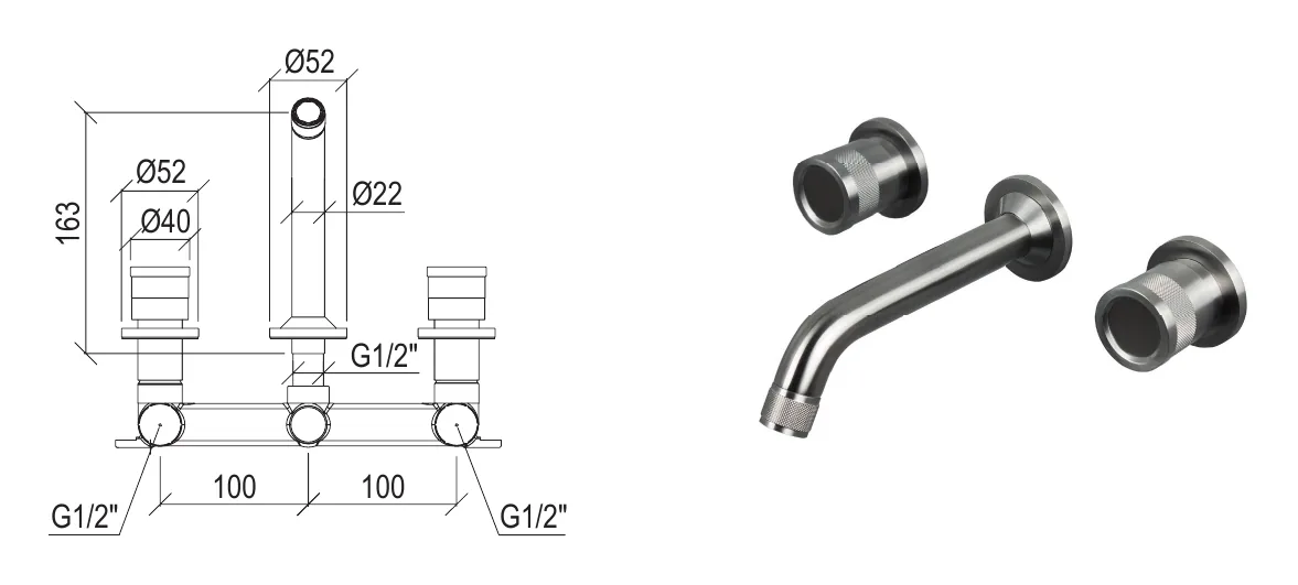 Recessed 3-hole washbasin mixer with 16 cm long spout technical drawing with dimensions