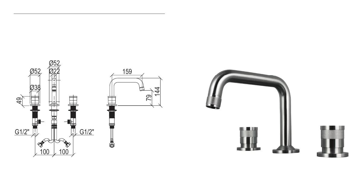 3-hole basin mixer with low spout technical drawing with dimensions