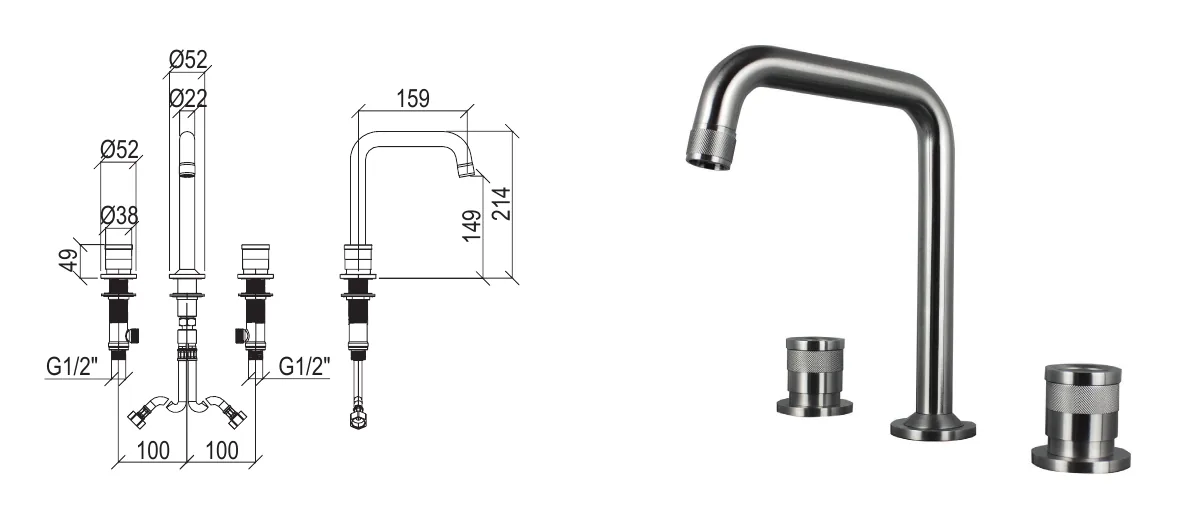 3-hole washbasin mixer with high spout technical drawing with dimensions