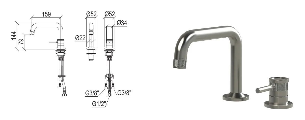 2-hole washbasin mixer with low spout technical drawing with dimensions