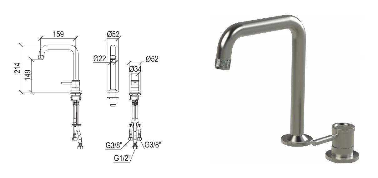 2-hole washbasin mixer with high spout technical drawing with dimensions