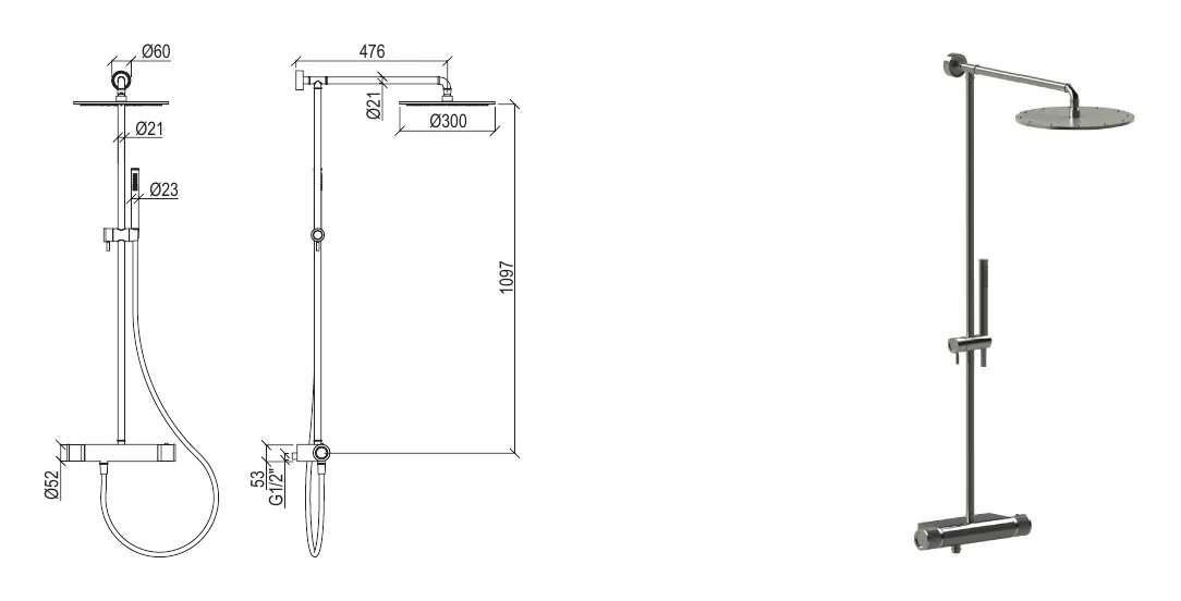 316L stainless steel thermostatic sliding shower column technical drawing with dimensions