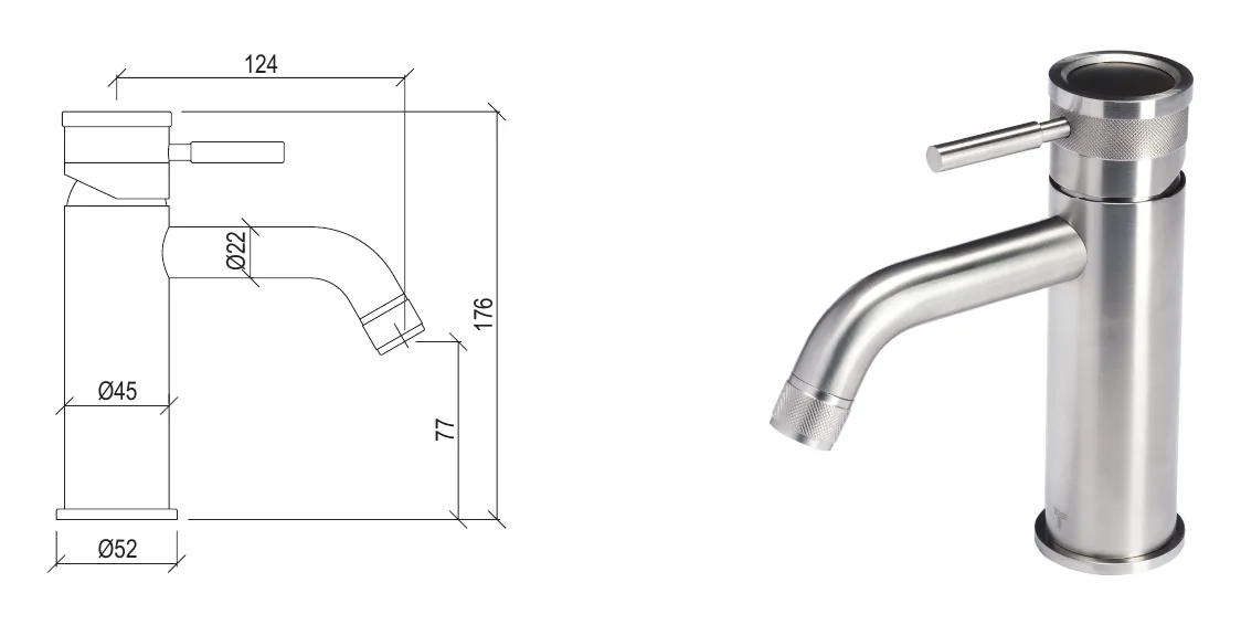 Washbasin mixer in 316L stainless steel without drain technical drawing with dimensions
