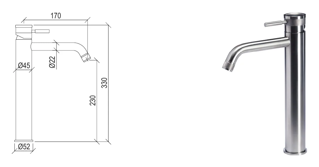 High washbasin mixer in 316L stainless steel technical drawing with dimensions