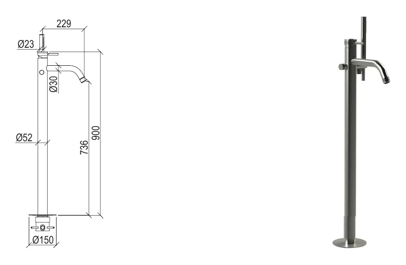 Single lever bath mixer in 316L stainless steel technical drawing with dimensions