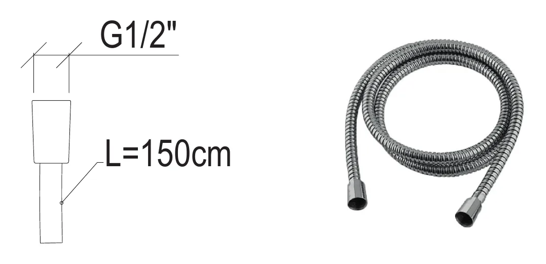 150 cm long 304L stainless steel shower hose technical drawing with dimensions