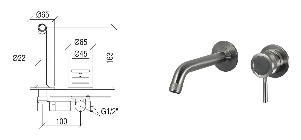 Recessed washbasin mixer in 316L stainless steel with 16 cm long spout technical drawing with dimensions