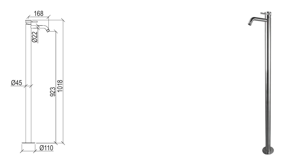 Floor-standing washbasin mixer in 316L stainless steel technical drawing with dimensions