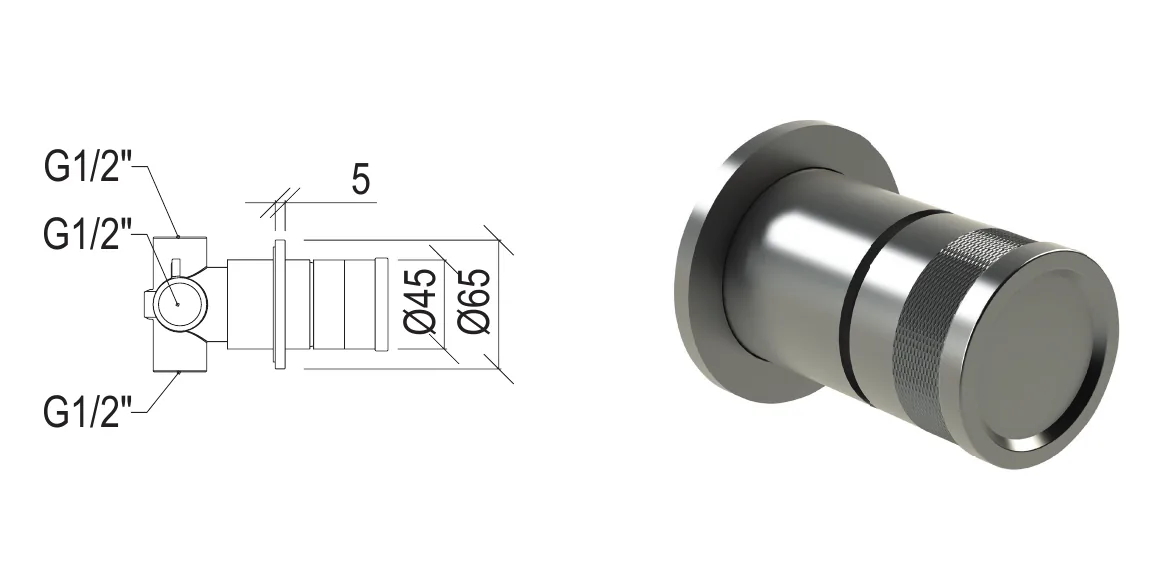 Flush-mounted 3-way rotary diverter in 316L stainless steel technical drawing with dimensions