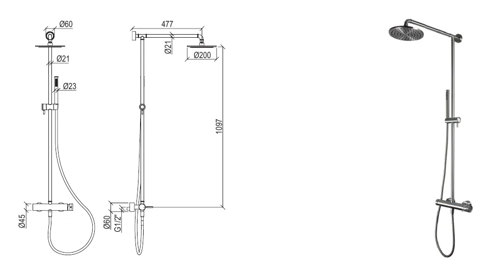 shower column with 316L stainless steel sliding device technical drawing with dimensions