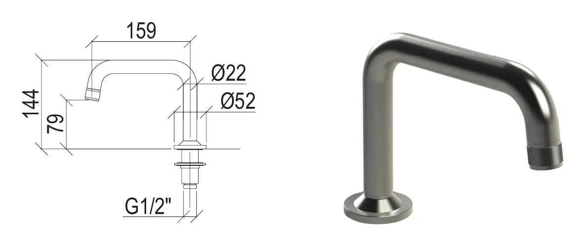 Low top spout 144 mm high, 22 mm diameter technical drawing with dimensions