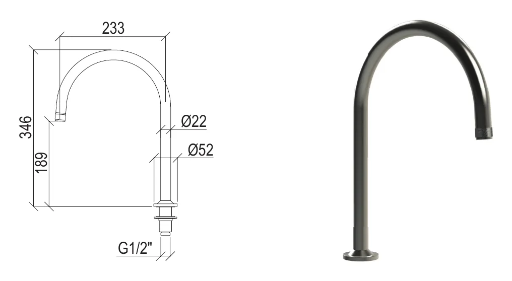 Arch top spout with 22 mm diameter technical drawing with dimensions