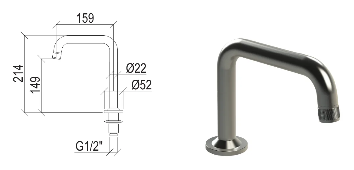 Table-top spout 214 mm high with 22 mm diameter technical drawing with dimensions