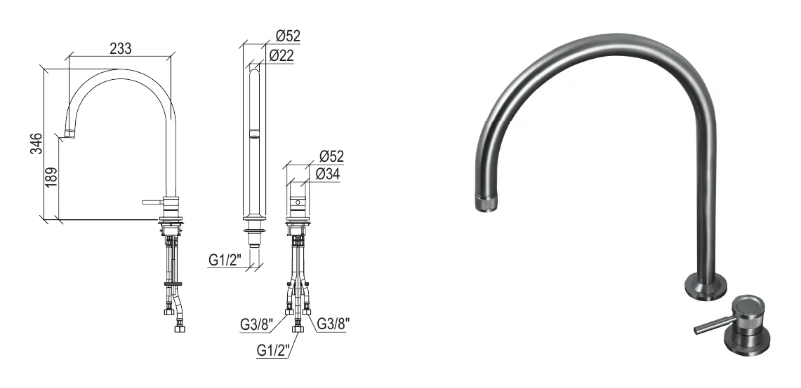 2-hole washbasin mixer with arched spout technical drawing with dimensions