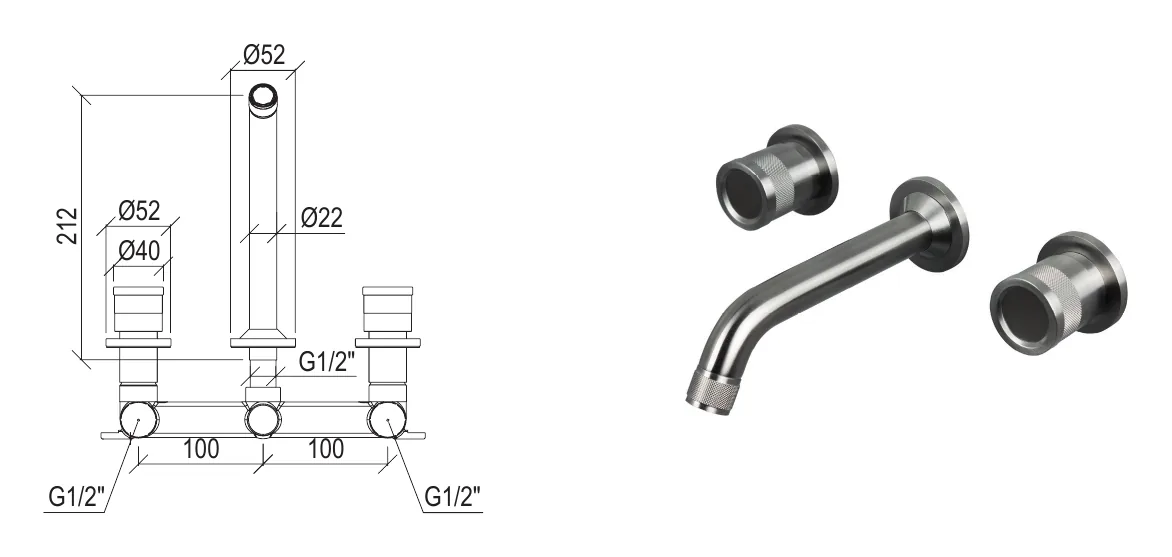 Recessed 3-hole washbasin mixer with 21 cm long spout technical drawing with dimensions