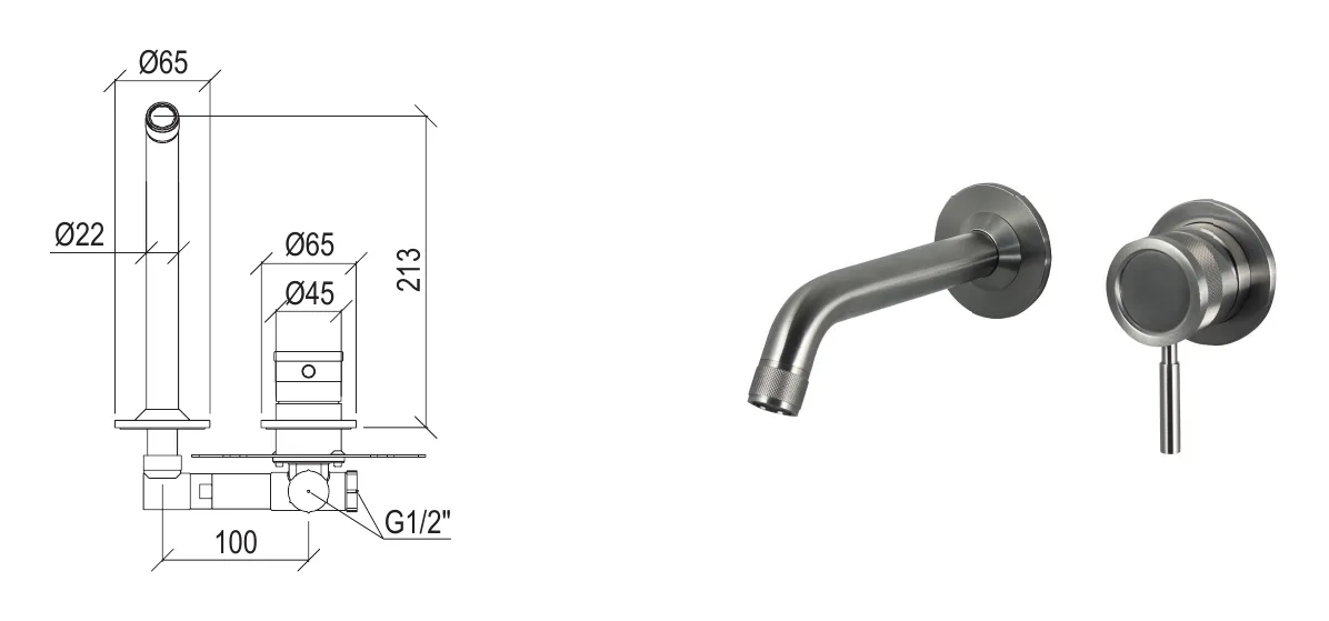 Recessed washbasin mixer in 316L stainless steel, 21 cm long spout technical drawing with dimensions