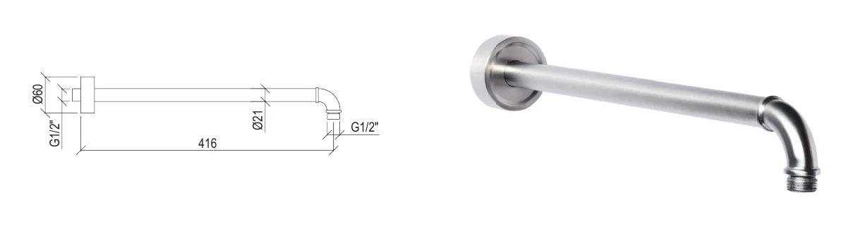 40 cm long wall-mounted shower arm in 316L stainless steel technical drawing with dimensions