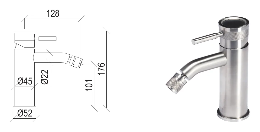 Bidet mixer in 316L stainless steel technical drawing with dimensions