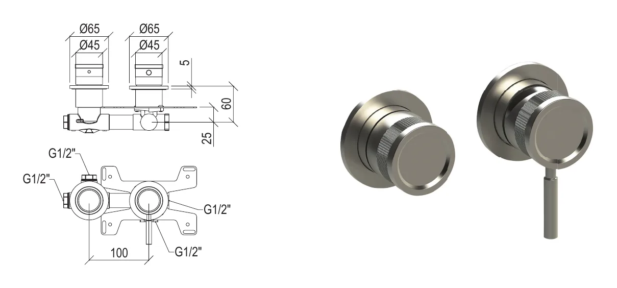 Recessed 3-way single lever mixer in 316L stainless steel, with rotary diverter technical drawing with dimensions