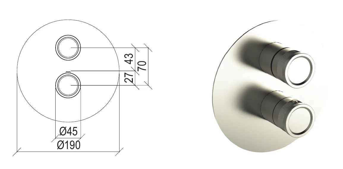 Recessed 3-way thermostatic mixer with rotary diverter technical drawing with dimensions