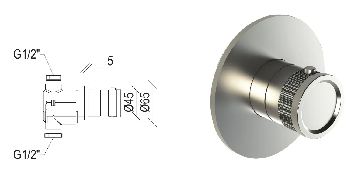 Recessed 1-way thermostatic mixer in 316L stainless steel technical drawing with dimensions