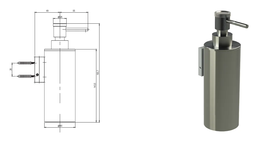 Wall mounted soap dispenser technical drawing with dimensions