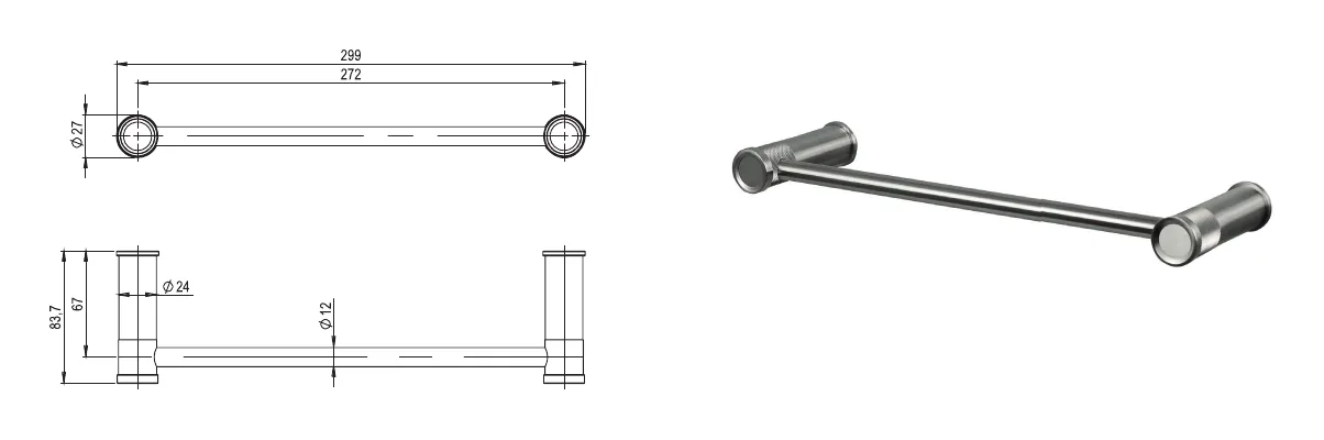 30 cm long towel rail in 316L stainless steel technical drawing with dimensions