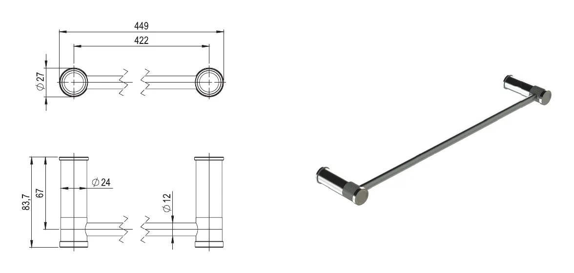 45 cm long towel rail in 316L stainless steel technical drawing with dimensions