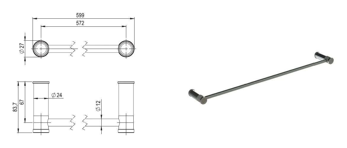 60 cm long towel rail in 316L stainless steel technical drawing with dimensions