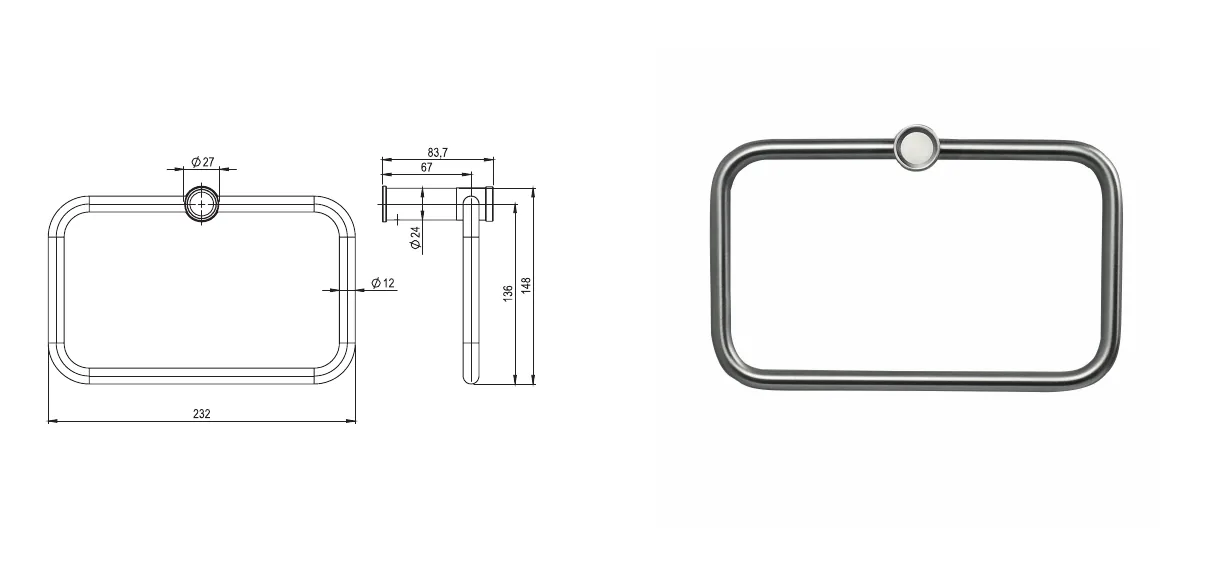 Ring-shaped towel rail in 316L stainless steel technical drawing with dimensions