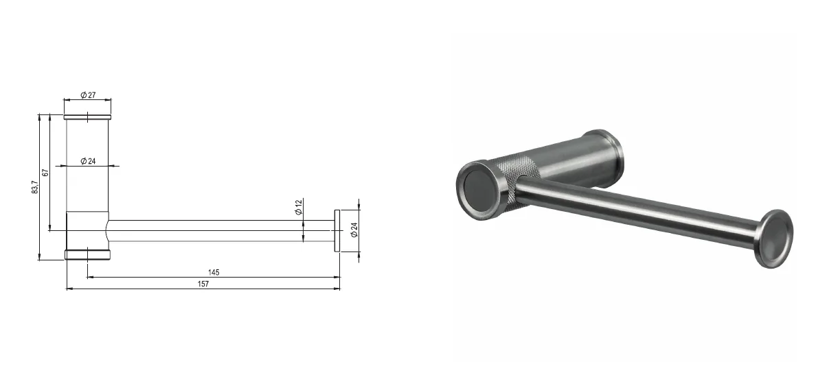 Single wall-mounted roll holder in 316L stainless steel. technical drawing with dimensions
