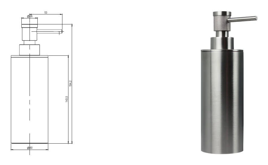Table-top soap dispenser in 316L stainless steel technical drawing with dimensions