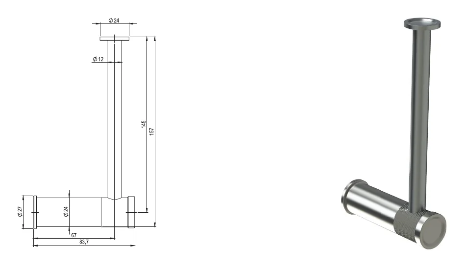 Vertical wall-mounted roll holder in 316L stainless steel technical drawing with dimensions